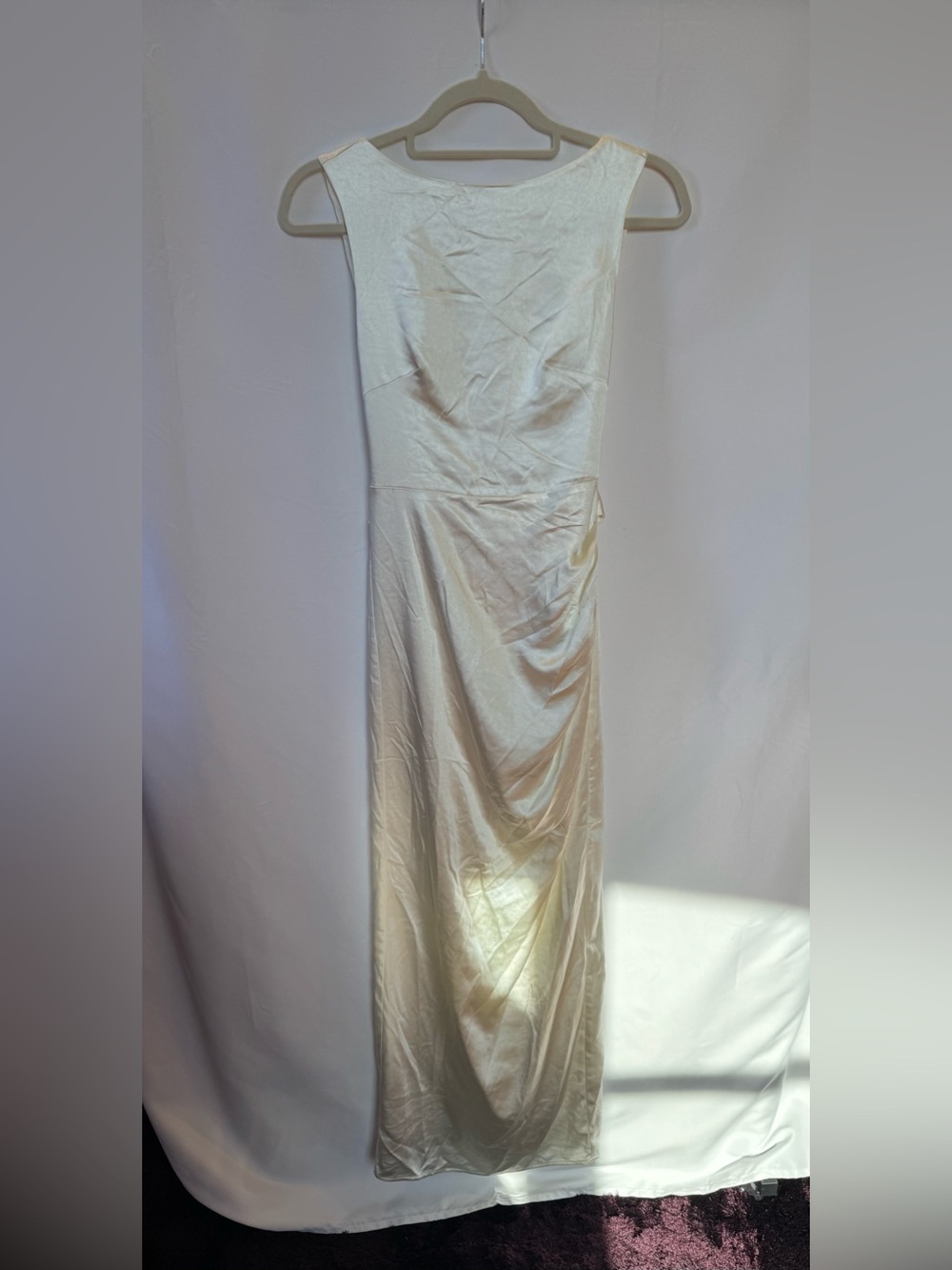 NWT saints and secrets sleeveless cream satin dress, V back size XS